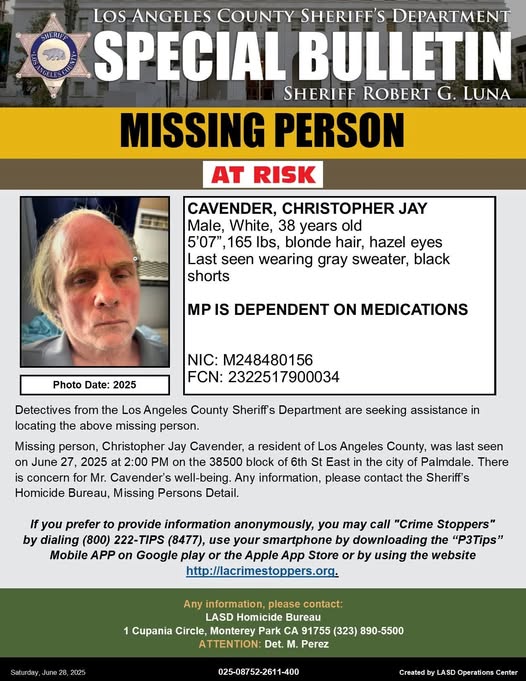 Search Underway for Missing 38-Year-Old Man in Palmdale, Authorities Say